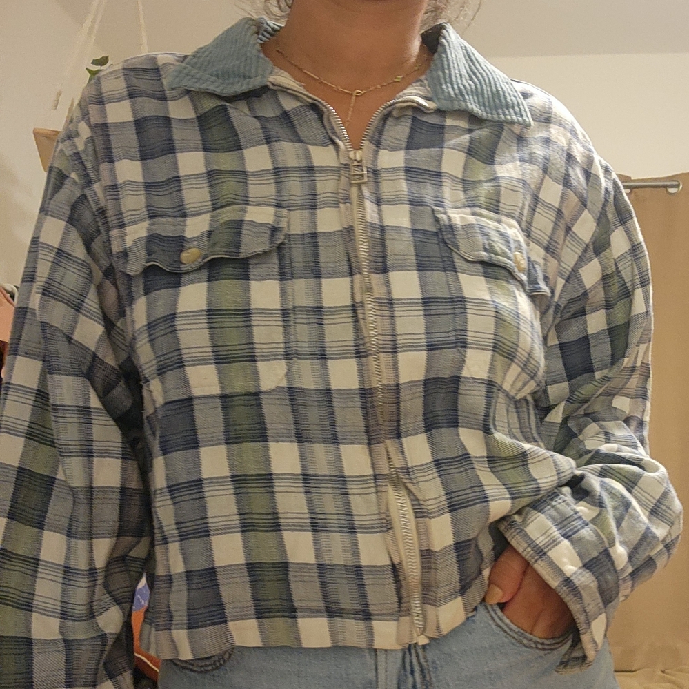 Krazy Kat Plaid Shacket Jacket L Corduroy Collar Blue Flannel